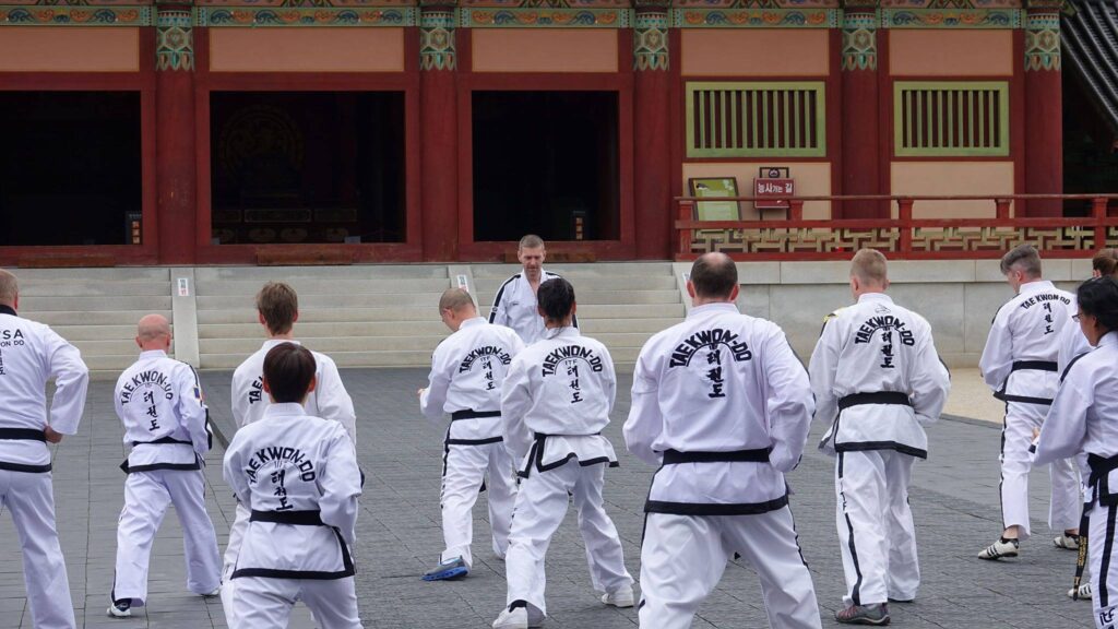ITF Tul Tour 2018 practising Ge Baek in front of the Ge Baek memorial temple in Korea