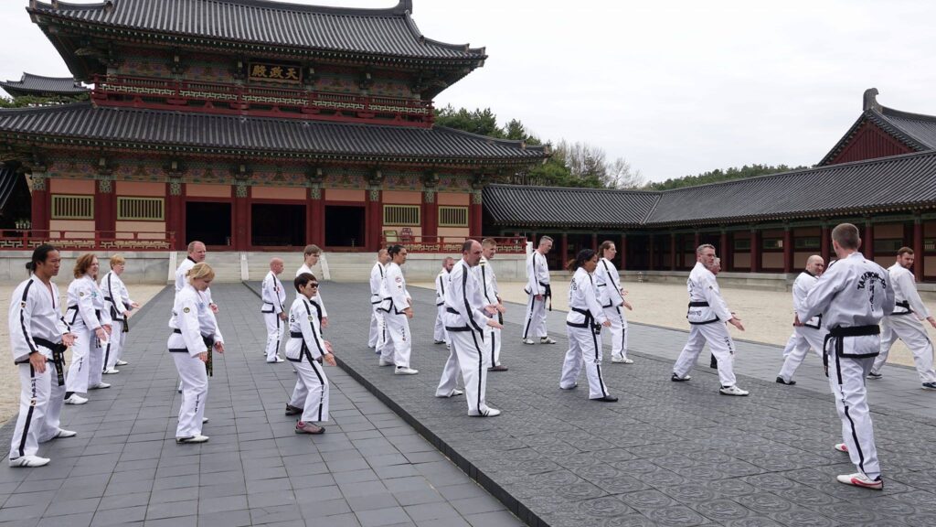 Taekwondo Practitioners in the ITFHQ Tul Tour 2018 lead by Stuart Anslow practice Ge Baek